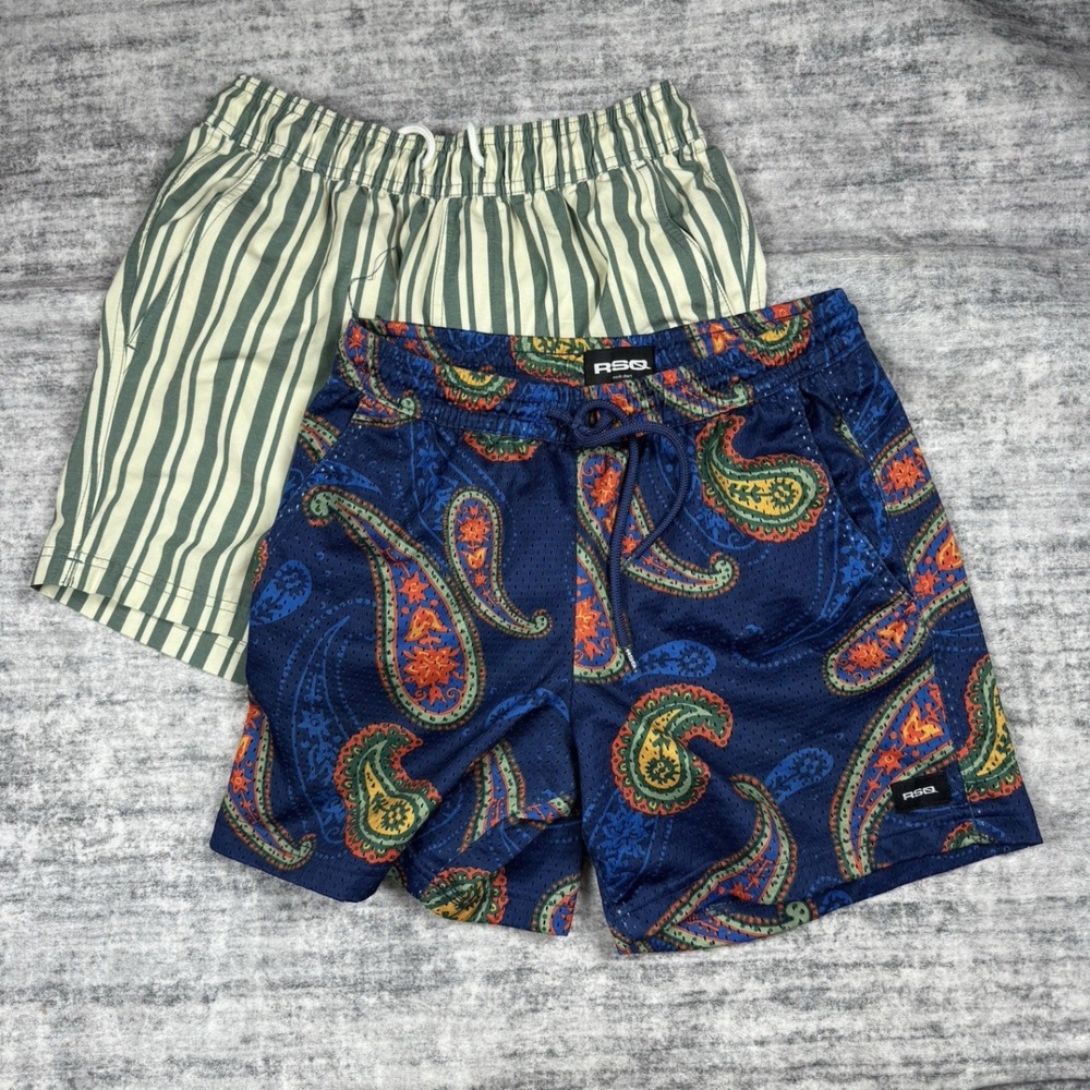 Lot of 2 RSQ Swim Trunks Blue & Green Striped Lined Summer w/Pockets Sz XS